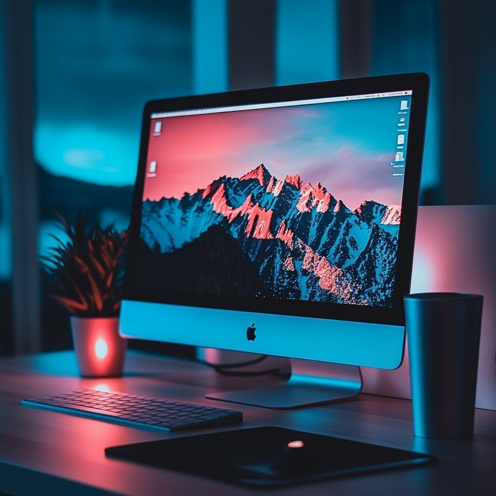 iMac desktop computer displaying mountain landscape wallpaper in minimalist desk setup with neon blue and red ambient lighting