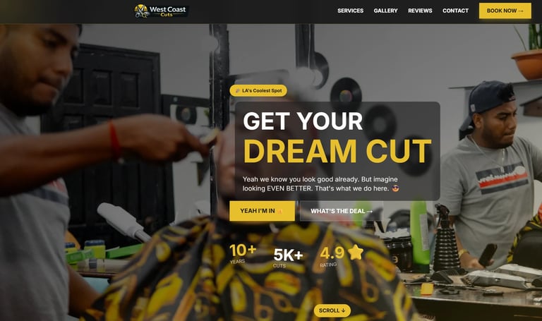 Barbershop website header featuring two barbers with clients, yellow GET YOUR DREAM CUT text overlay, and BOOK NOW button