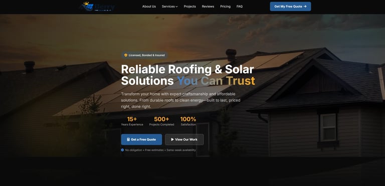 Home with solar panels on roof and text Reliable Roofing & Solar Solutions You Can Trust for a contracting company website