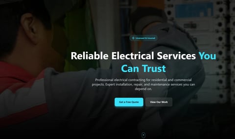 Electrician working with tools and equipment, with text promoting reliable electrical services and trust, includes call-to-action buttons