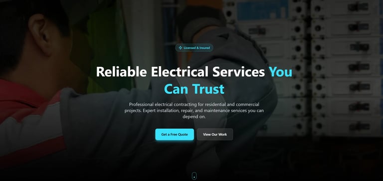 Electrician working on industrial control panel with overlay text promoting reliable electrical services
