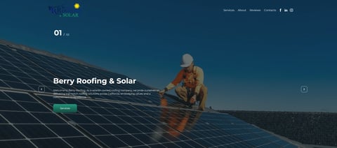 Roofing contractor working on solar panels with Berry Roofing & Solar website header background
