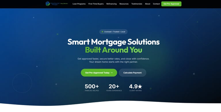 Website header for Smart Mortgage Solutions featuring navigation menu, headline text, Get Pre-Approved button, and statistics showing 500+ lenders, 20+ lenders, and 4.9-star rating