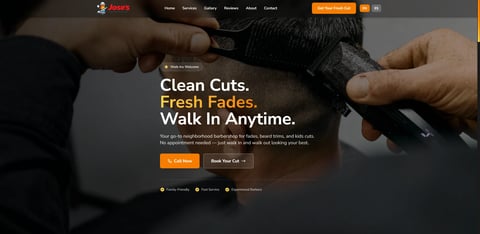 Barbershop website header showing barber clipping clients hair with text Clean Cuts, Fresh Fades, Walk In Anytime