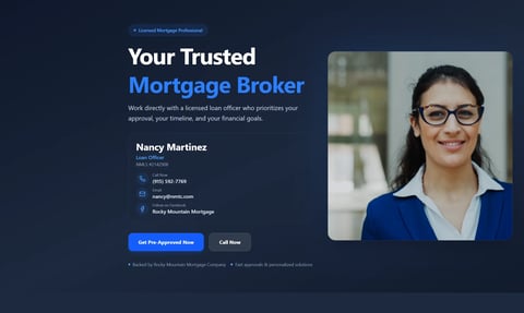 Nancy Martinez, trusted mortgage broker, with contact information and Get Pre-Approved Now button on dark blue background