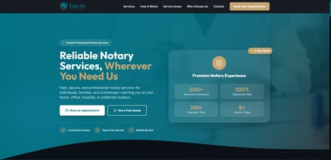 Lucas notary services website header showing reliable notary services offer with trust badges and premium plans highlighting statistics like 500+ clients and 100% satisfied customers
