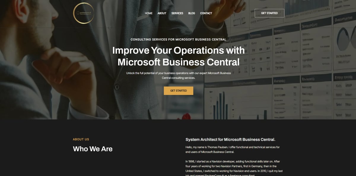 Professional at computer reviewing business analytics dashboard with heading Improve Your Operations with Microsoft Business Central