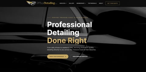 Professional car detailing service website header with black car background and gold text saying Professional Detailing Done Right
