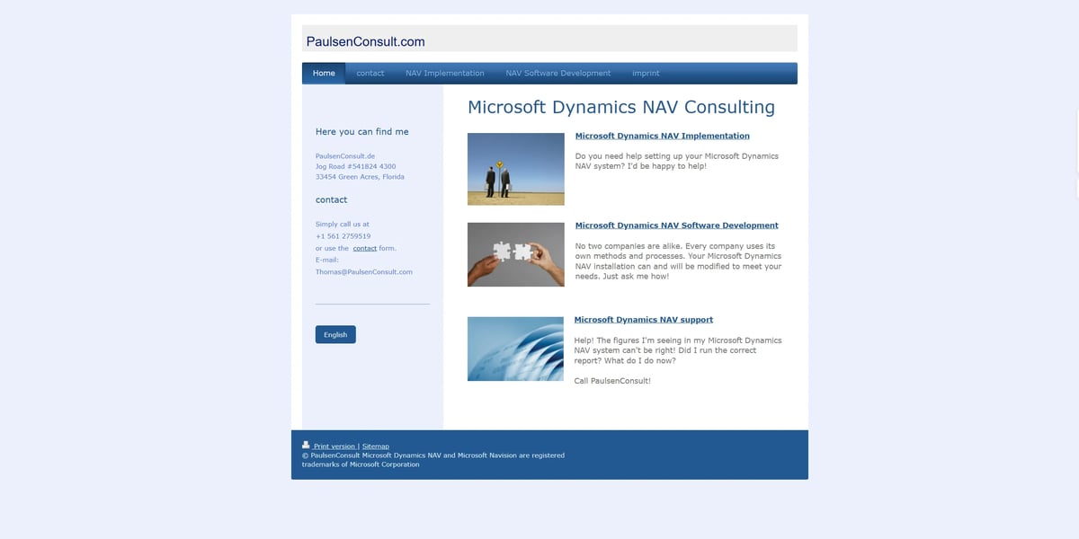 Website homepage for Microsoft Dynamics NAV Consulting with navigation menu, service descriptions, and contact information